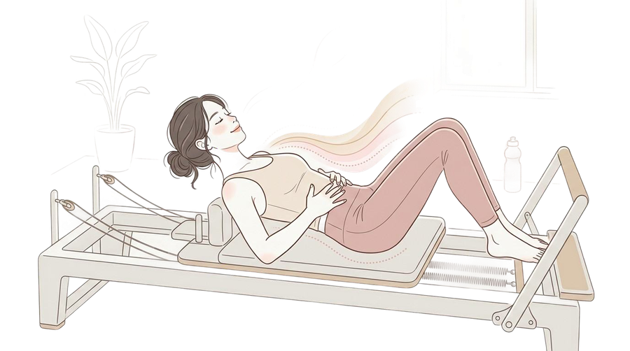 胸式呼吸をしながらリフォーマーに横になるイラスト